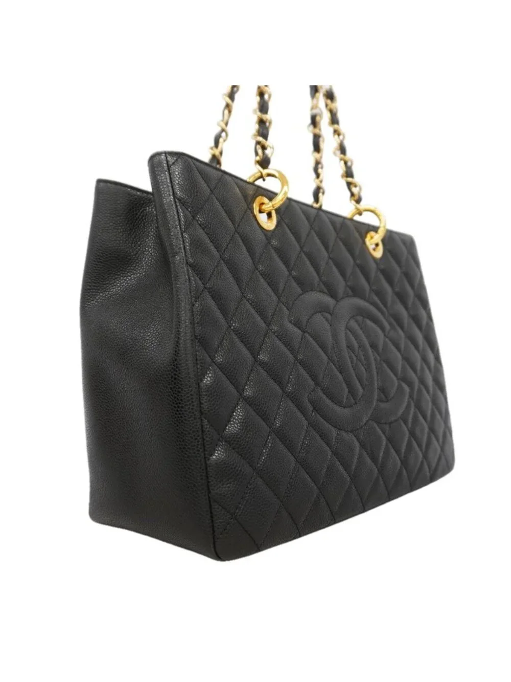 Chanel Chain Tote Bag Quilted Caviar Leather Black Gold